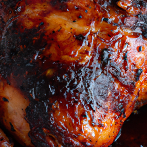 A close-up of a perfectly cooked Dutch oven BBQ chicken with a caramelized barbecue glaze.